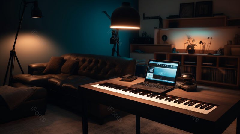 书房音乐工作室键盘台灯电脑夜晚柔和灯光室内光影摄影,高清,摄影图,摄影图片,图片大全,摄影图免费下载